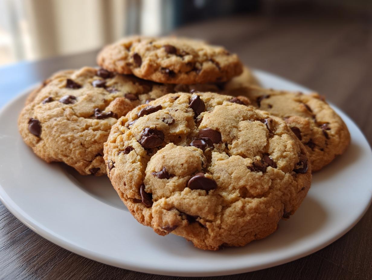 Primer plano de galletas caseras con chispas de chocolate sobre un plato blanco.