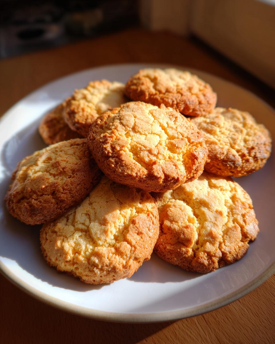 Plato blanco con varias galletas caseras doradas y crujientes al sol.