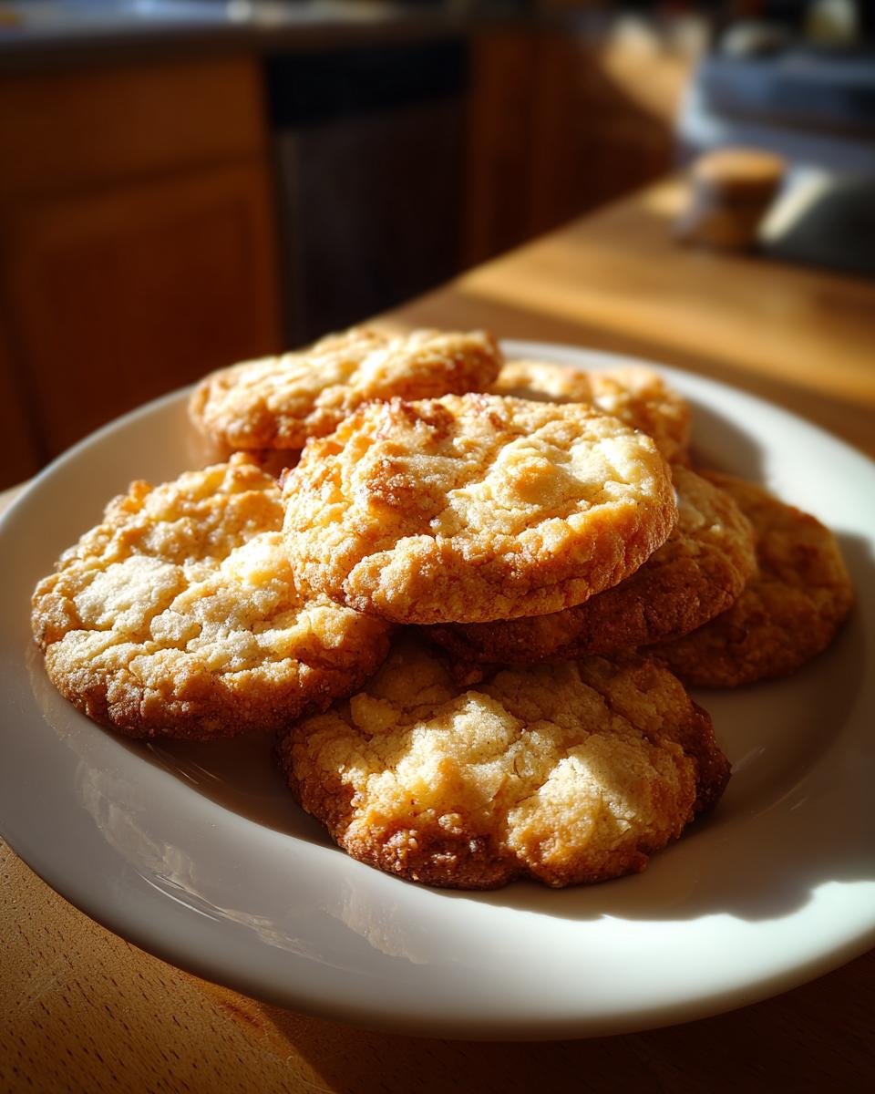 Plato blanco con galletas caseras doradas y crujientes apiladas.