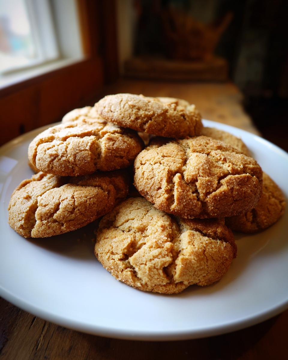 Montón de galletas caseras doradas y crujientes en un plato blanco sobre mesa de madera.