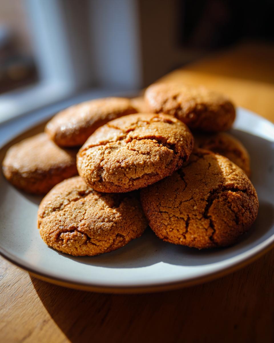 Plato con galletas caseras doradas y crujientes sobre mesa de madera.