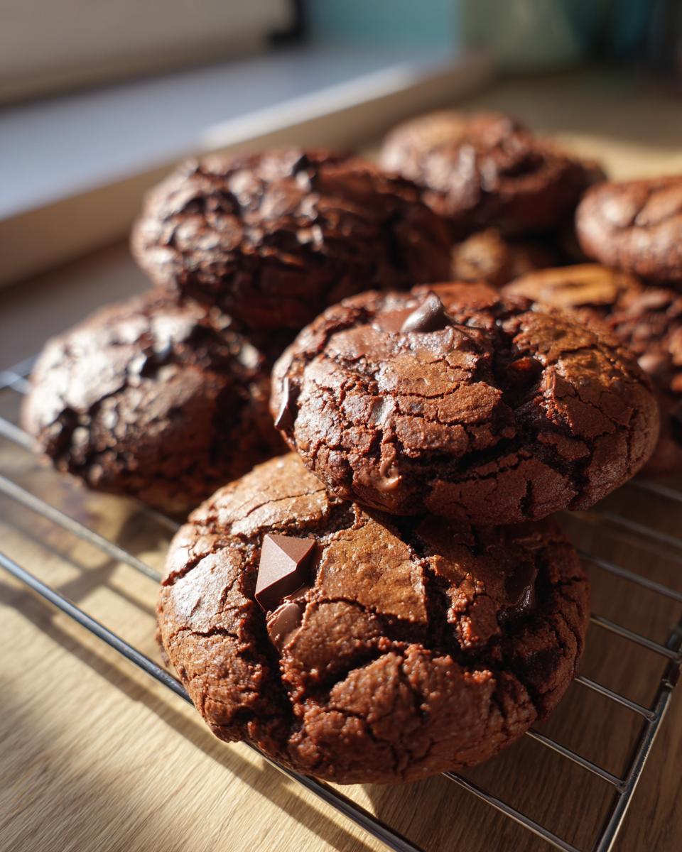 Primer plano de galletas caseras de chocolate con trozos de chocolate, sobre rejilla de enfriamiento.