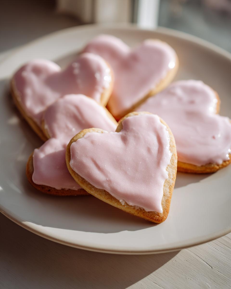 Galletas en forma de corazón con glaseado rosa sobre un plato blanco, recetas de san valentin faciles 2026