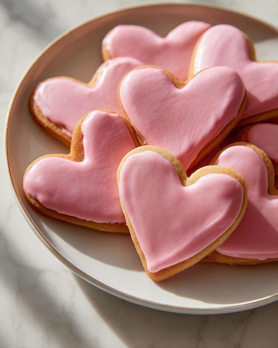 Galletas en forma de corazón con glaseado rosa en un plato blanco, receta de san valentin faciles 2026