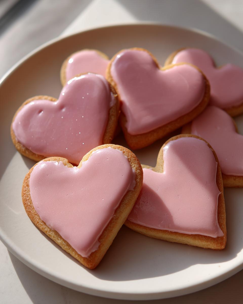 Galletas en forma de corazón con glaseado rosa sobre un plato blanco, ideales para recetas de san valentin faciles 2026