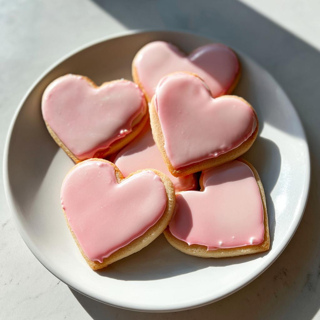 Galletas en forma de corazón con glaseado rosa en un plato blanco, receta de san valentin faciles 2026
