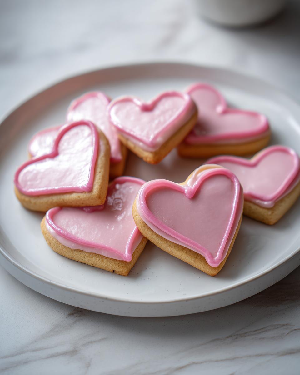 Galletas de corazón con glaseado rosa sobre un plato blanco, ideales para recetas de san valentin faciles 2026.