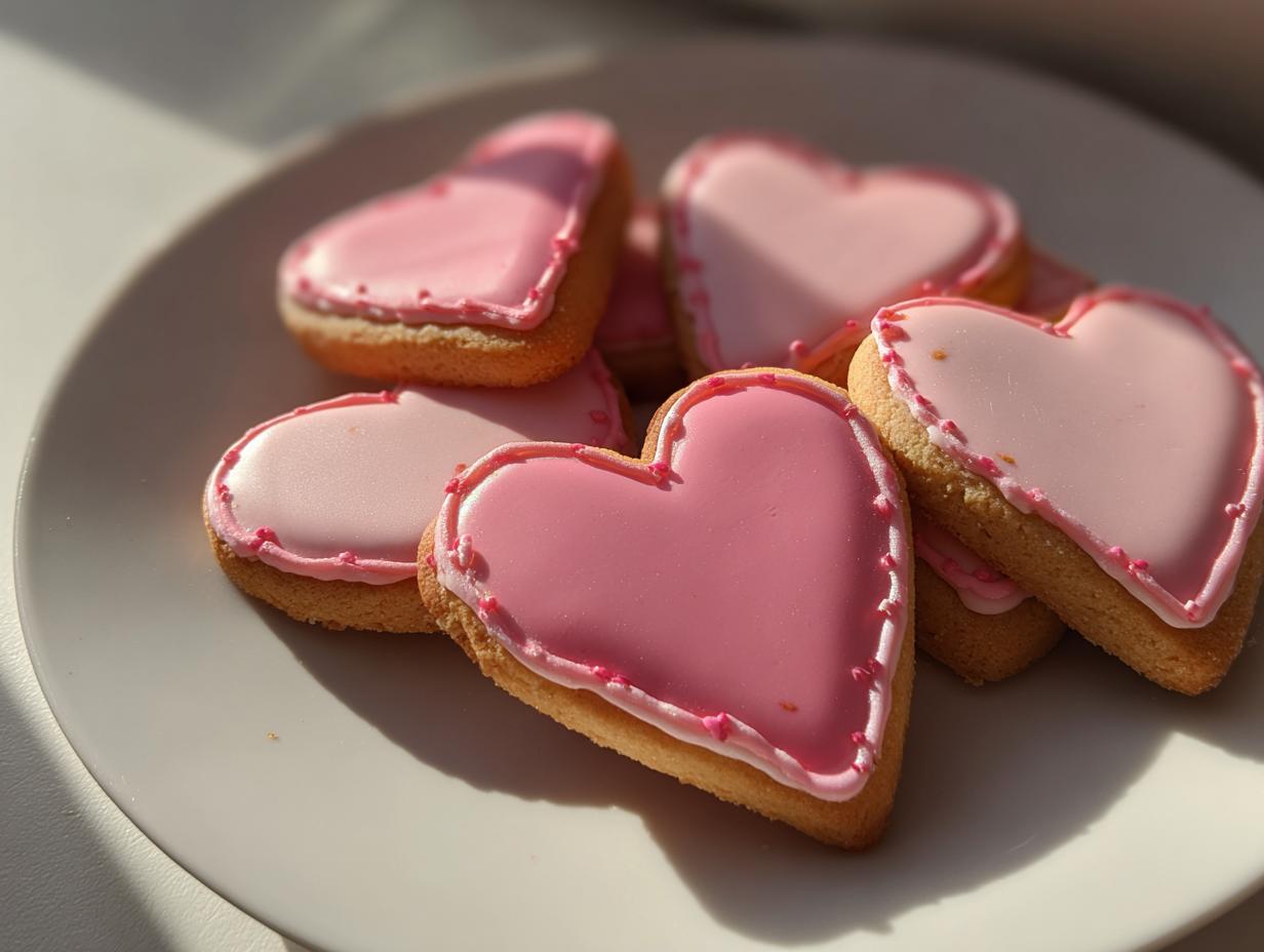 Galletas en forma de corazón con glaseado rosa y rosa claro en un plato blanco, recetas de san valentin faciles 2026