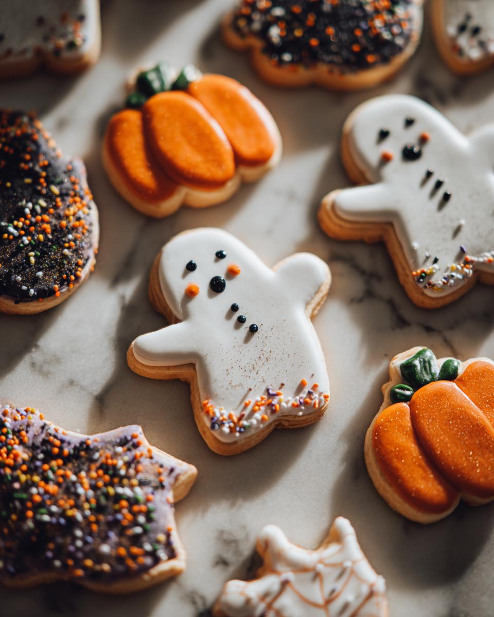 Galletas decoradas con glaseado de fantasmas, calabazas y murciélagos para recetas de halloween faciles y divertidas