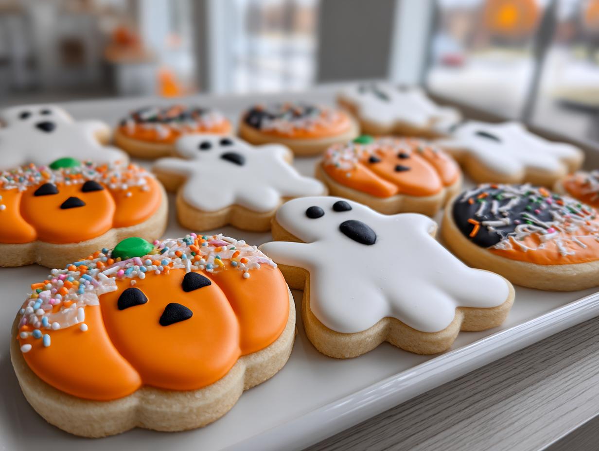 Galletas decoradas con motivos de Halloween, calabazas y fantasmas en una bandeja blanca.