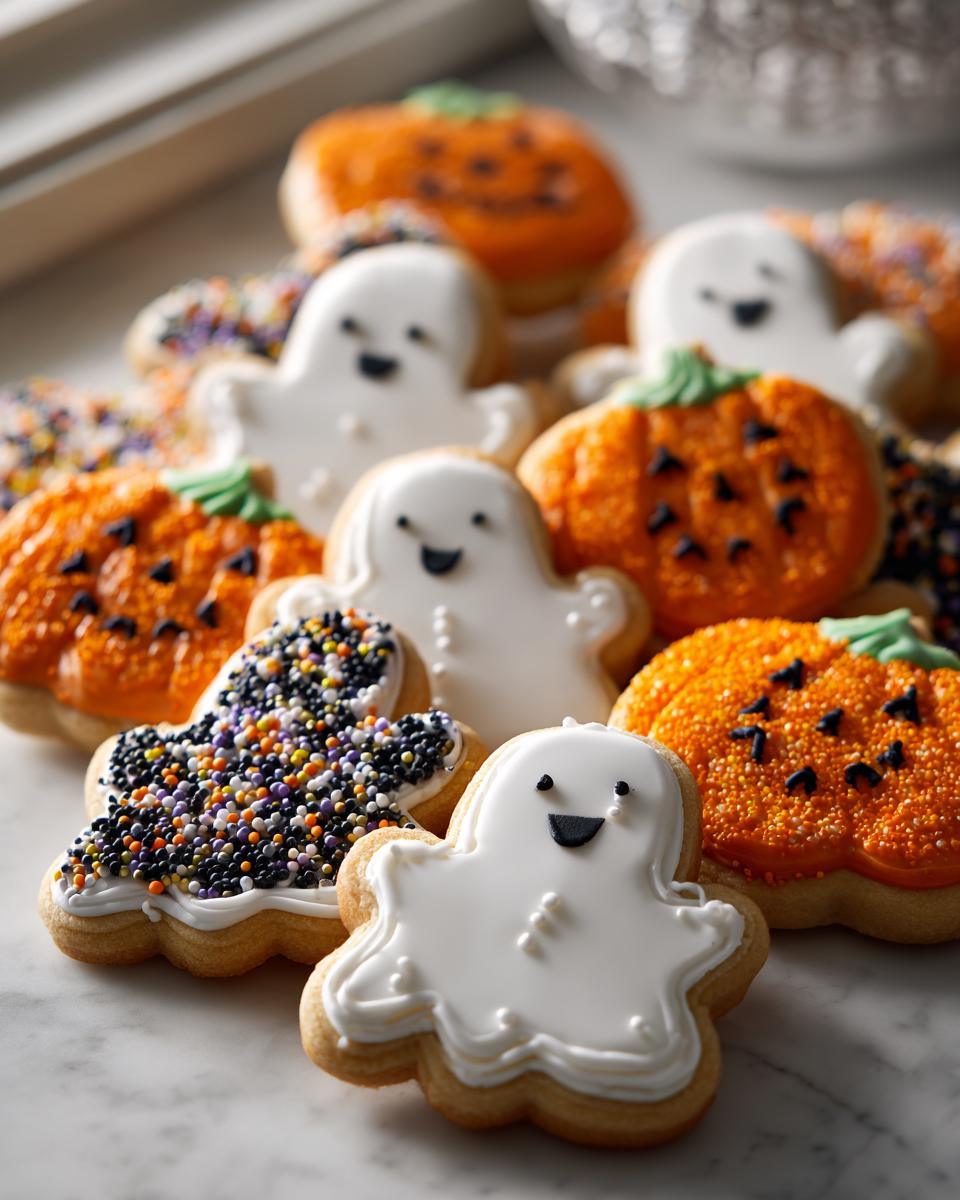Galletas de Halloween decoradas con glaseado de fantasmas y calabazas naranjas
