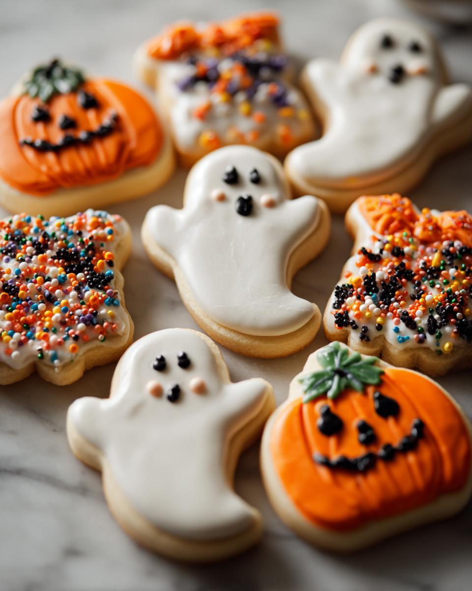 Galletas decoradas con glaseado de fantasmas, calabazas y confites para recetas de halloween faciles y divertidas