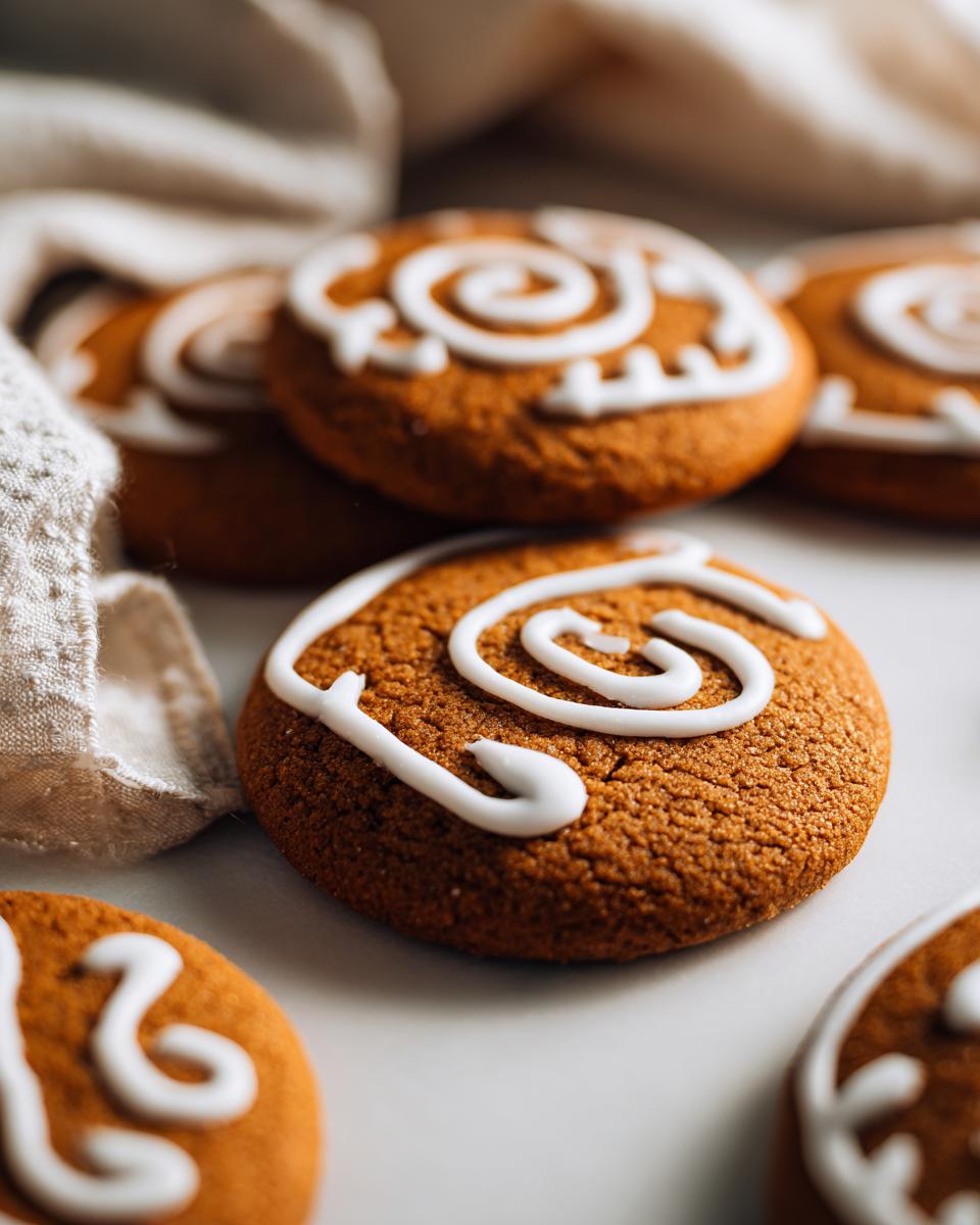 Galletas de Navidad decoradas con glaseado blanco en espiral sobre superficie clara.