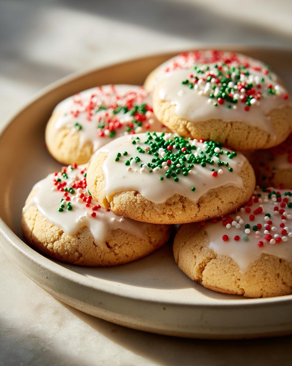 Galletas navideñas con glaseado blanco y decoraciones rojas, verdes y blancas en un plato beige.
