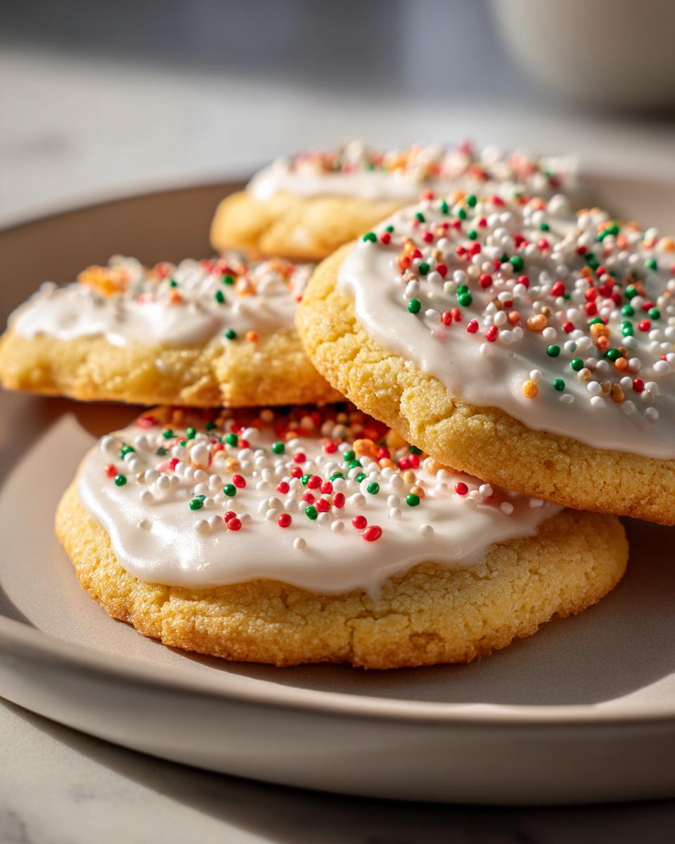 Galletas navideñas con glaseado blanco y chispas de colores sobre plato marrón.