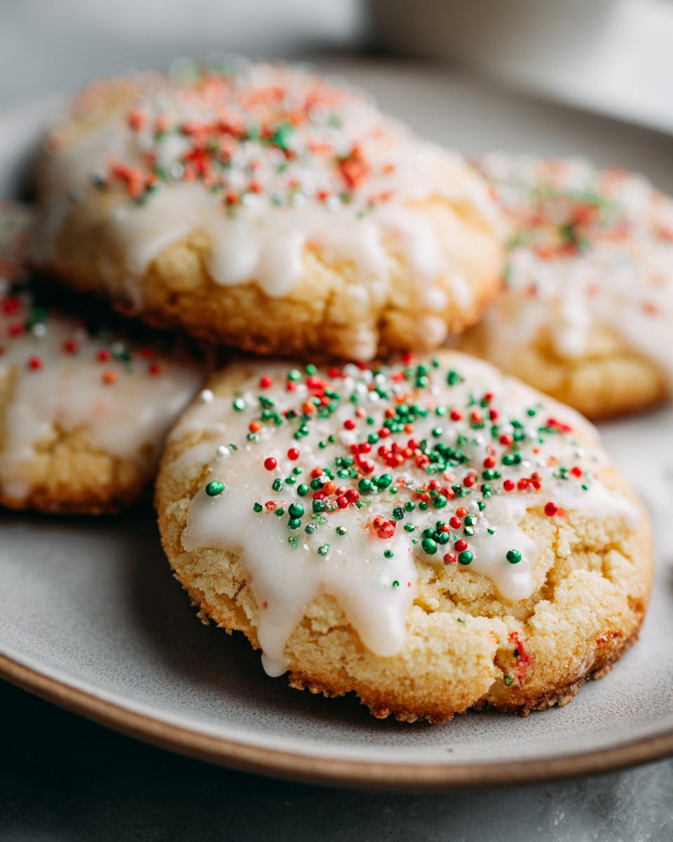 Galletas con glaseado blanco y chispas rojas y verdes en un plato, recetas de navidad faciles y baratas