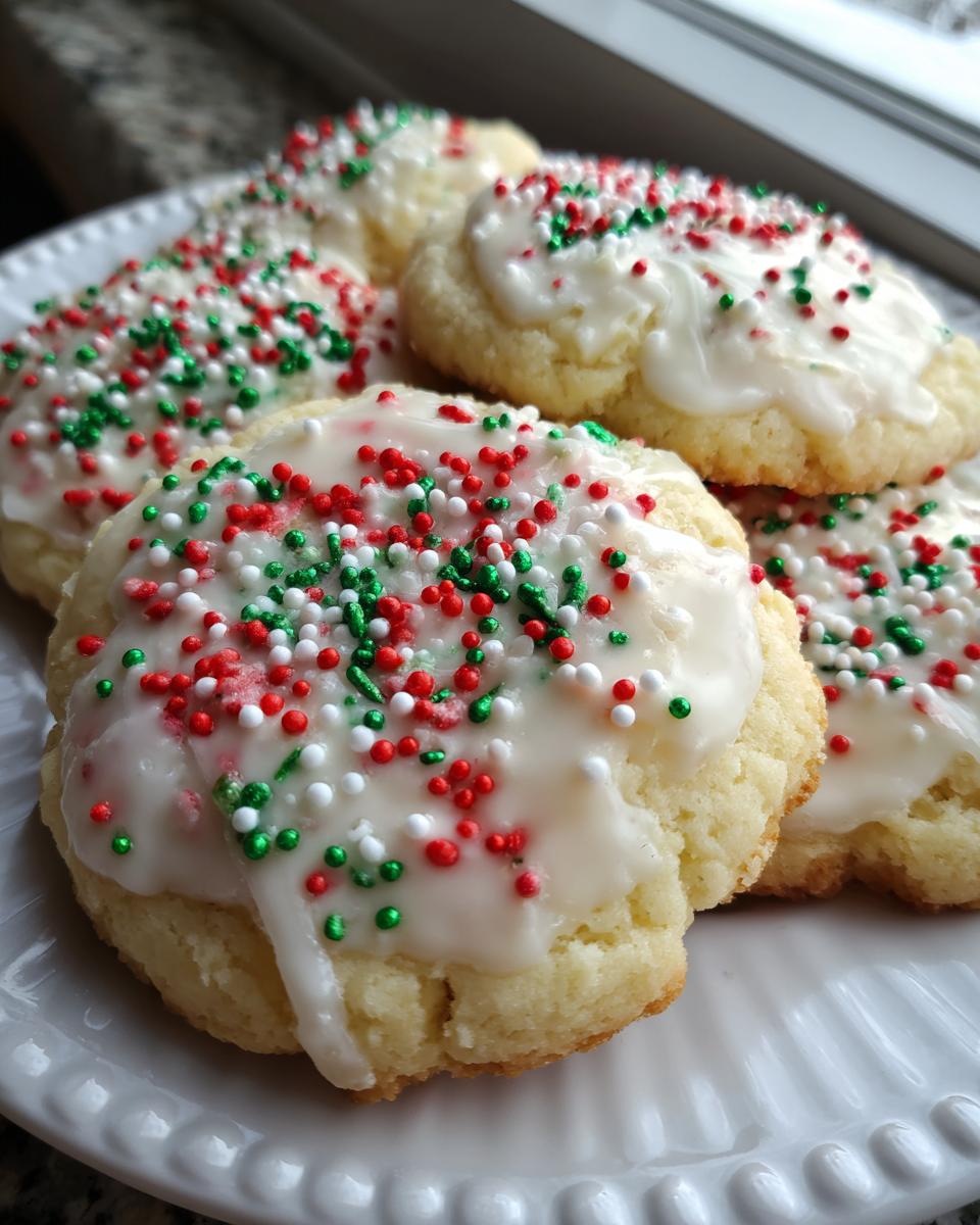 Galletas navideñas con glaseado blanco y sprinkles rojos, verdes y blancos en un plato blanco.