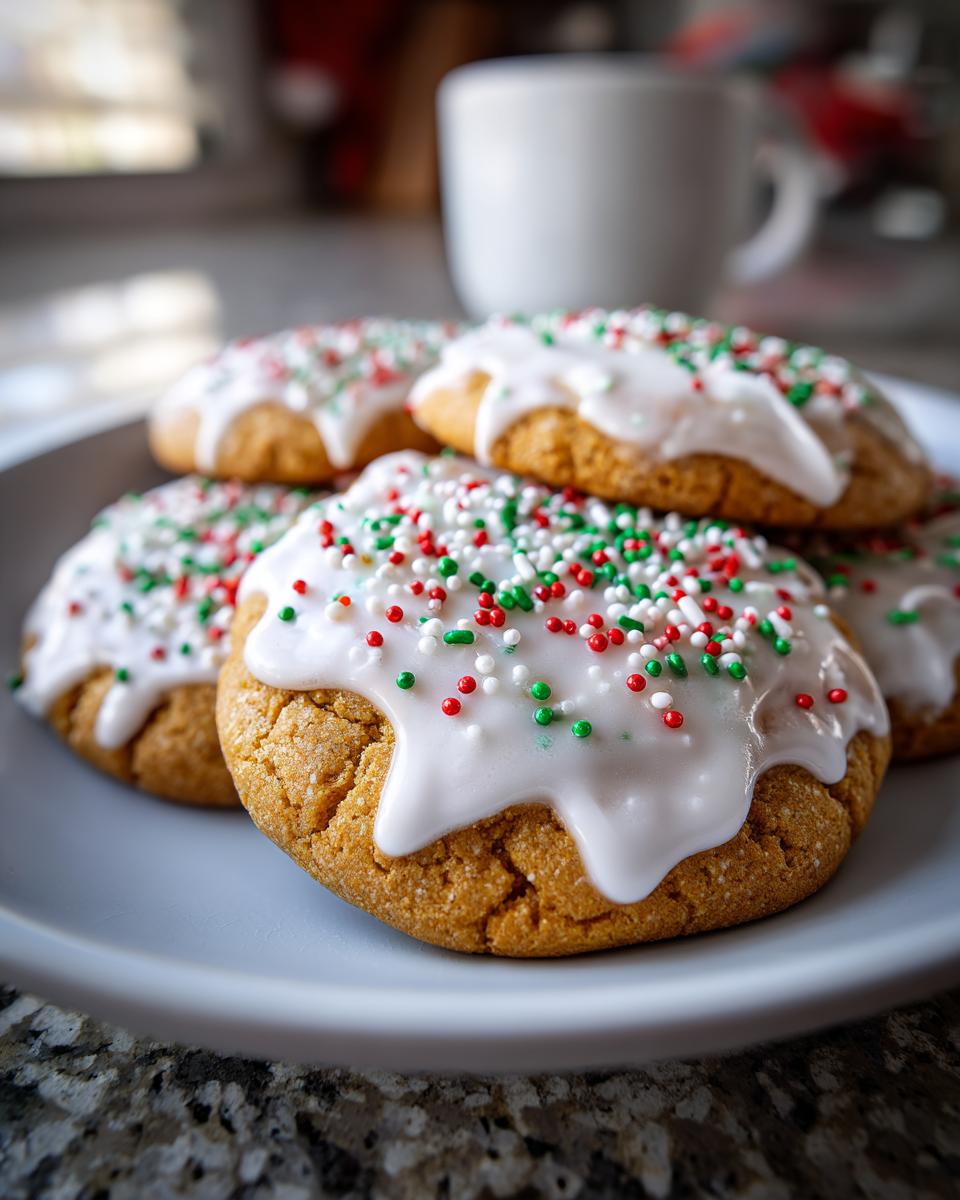 Galletas navideñas con glaseado blanco y sprinkles rojos, verdes y blancos en un plato.