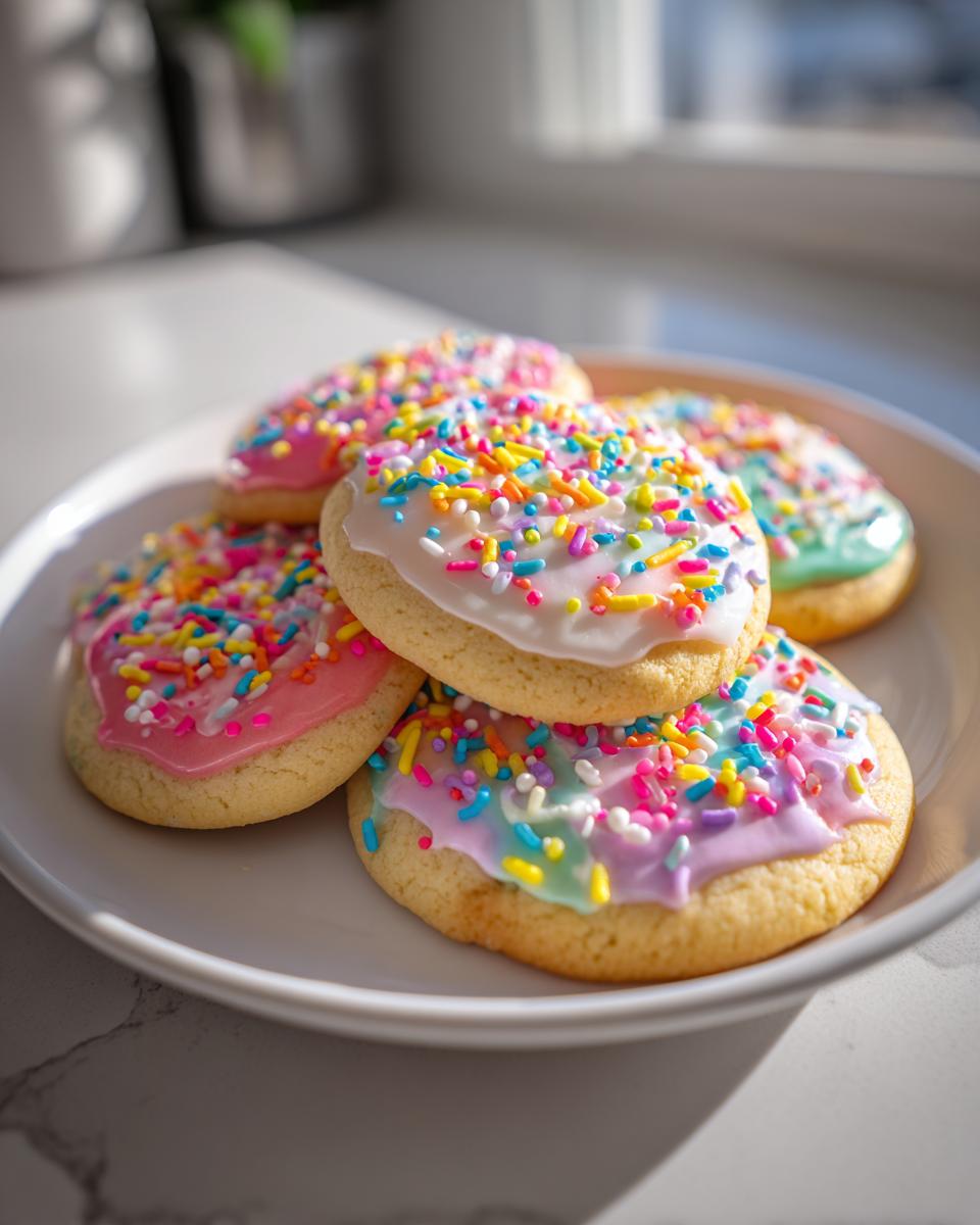 Plato con galletas de Pascua fáciles para niños decoradas con glaseado colorido y chispas de colores.