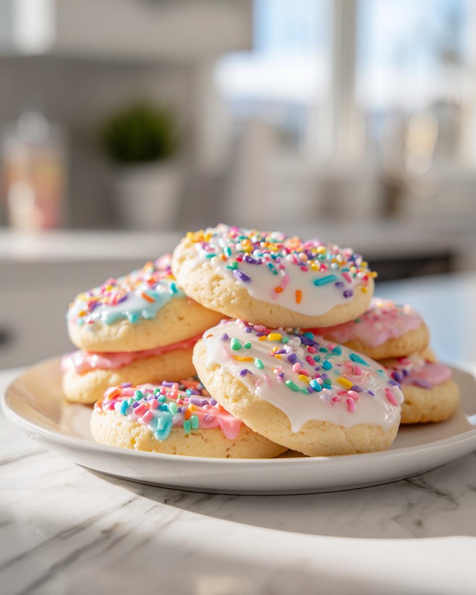 Galletas de Pascua fáciles para niños decoradas con glaseado blanco, rosa y azul y chispas de colores