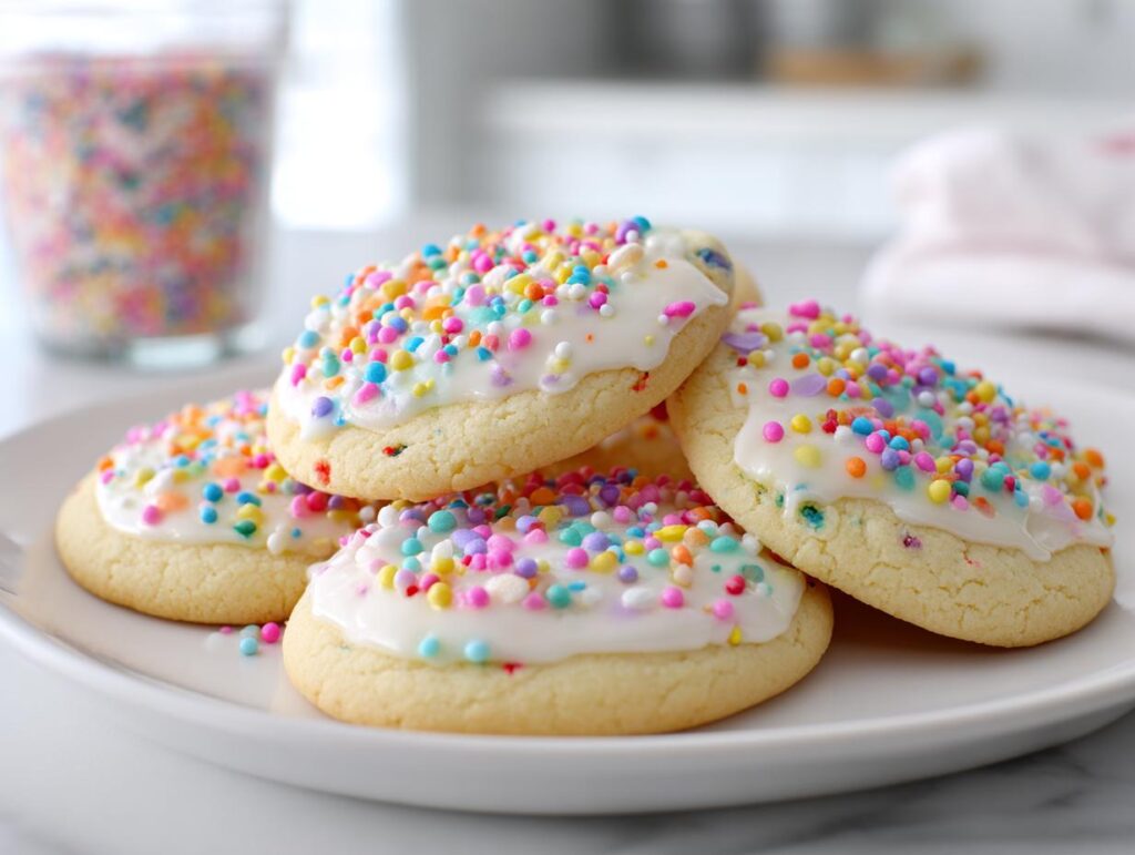Galletas de Pascua fáciles para niños con glaseado blanco y confites de colores sobre plato blanco