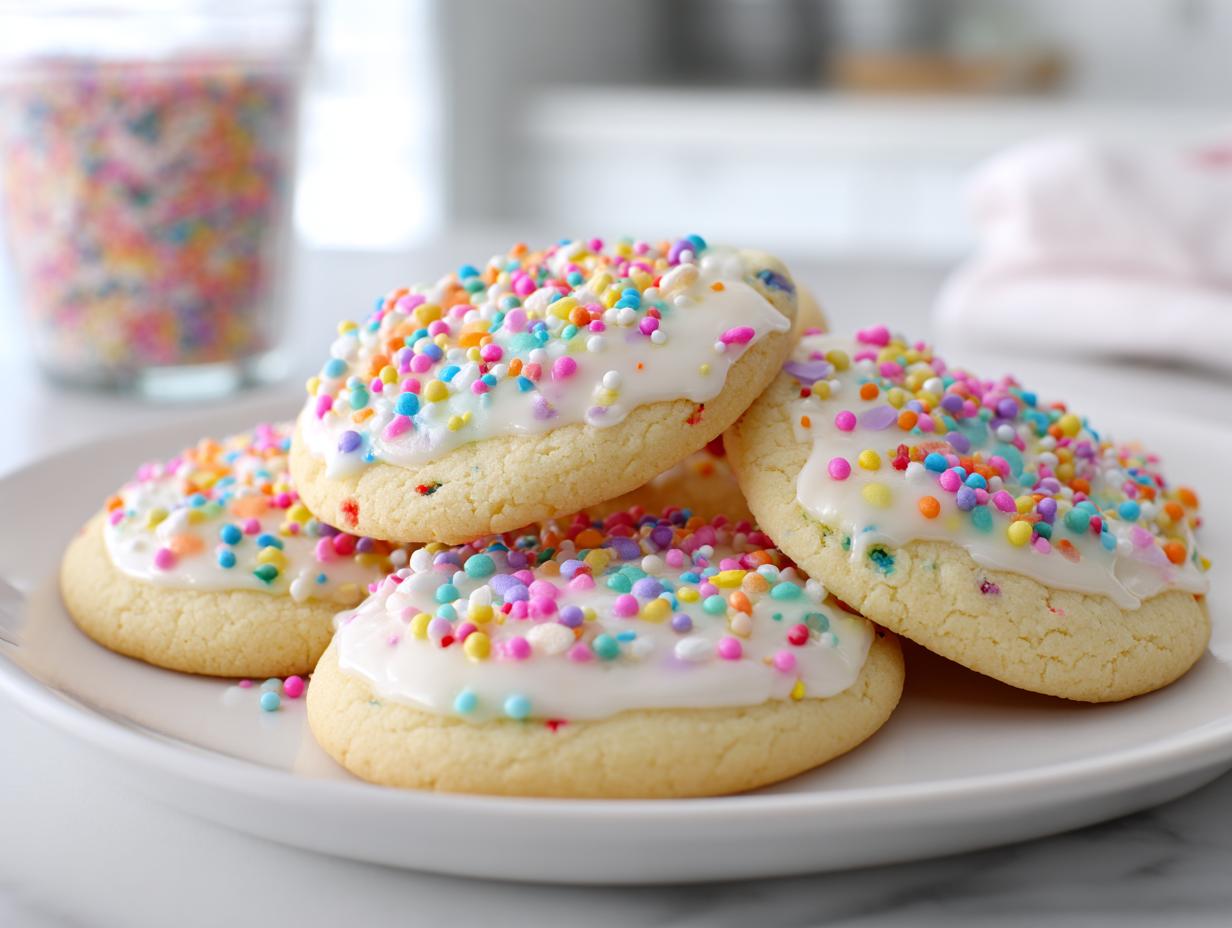 Galletas de Pascua fáciles para niños con glaseado blanco y confites de colores sobre plato blanco