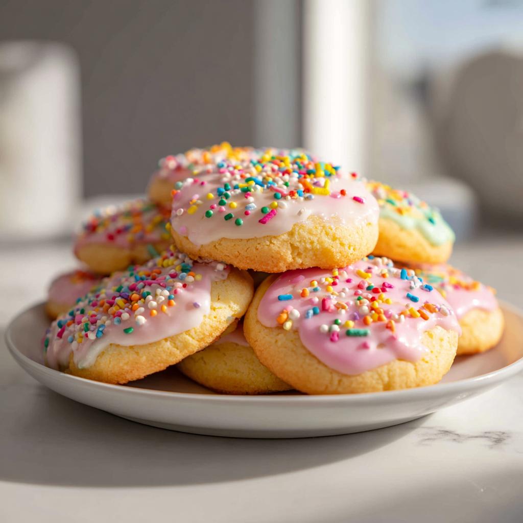 Galletas de Pascua fáciles para niños con glaseado rosa y blanco y chispas de colores en un plato blanco.