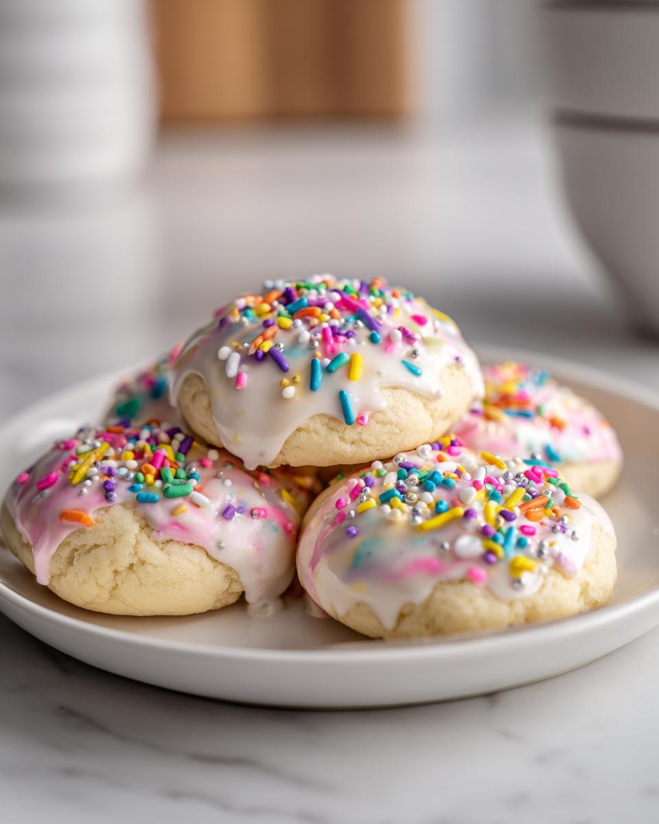 Galletas de Pascua fáciles para niños con glaseado blanco y chispas de colores en un plato blanco