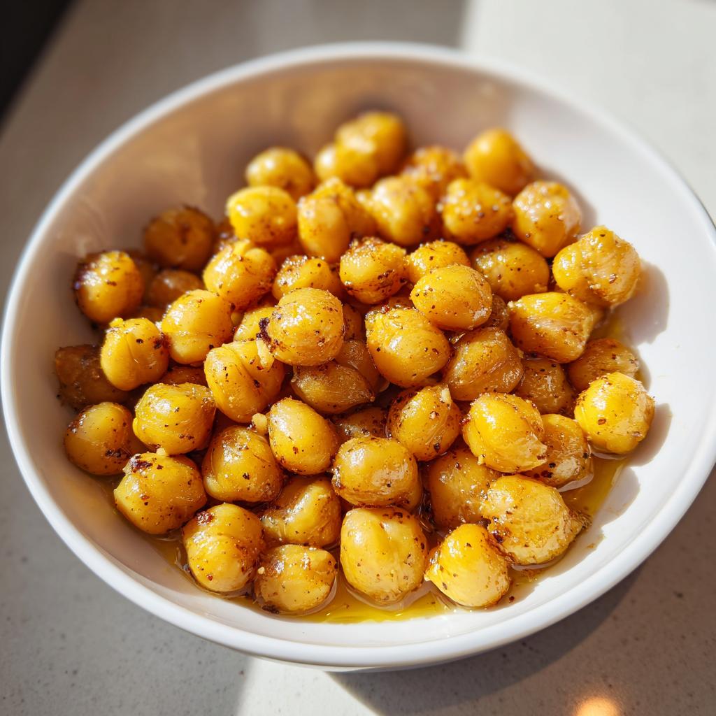 Bowl blanco con garbanzos dorados y especiados, receta con garbanzos fáciles