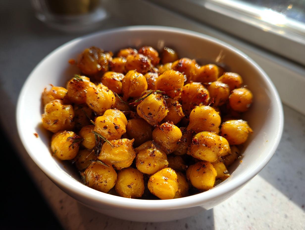 Bowl blanco con garbanzos especiados y dorados, receta con garbanzos fáciles