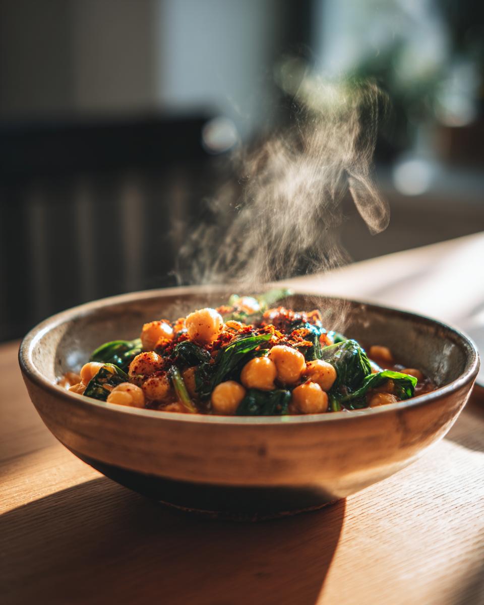 Plato hondo con garbanzos y espinacas calientes con vapor, ideal para menú de Semana Santa económico