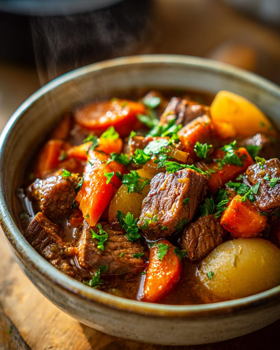 Tazón de guisos caseros como los de la abuela con carne, zanahorias, papas y perejil fresco