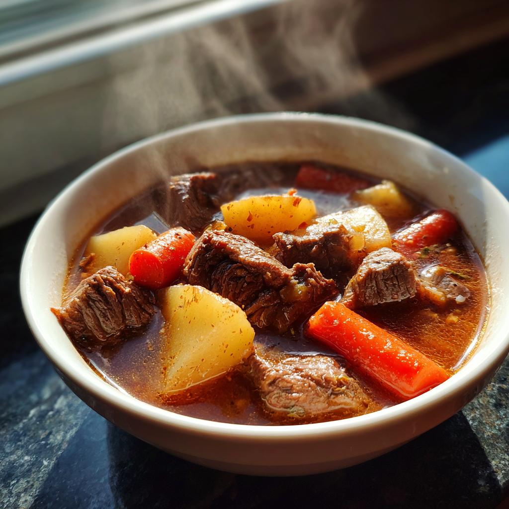 Tazón de guiso casero con carne, papas y zanahorias humeante
