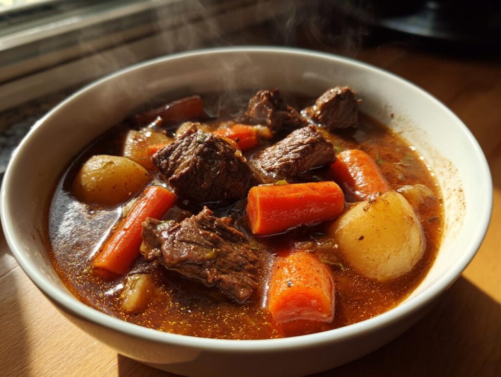 Plato blanco con guiso casero de carne, zanahorias y papas en caldo caliente