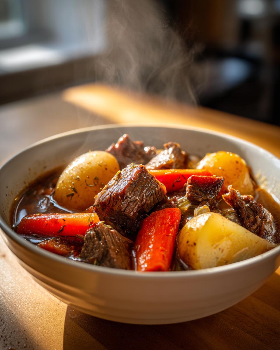 Tazón de guiso casero con carne, papas y zanahorias humeantes