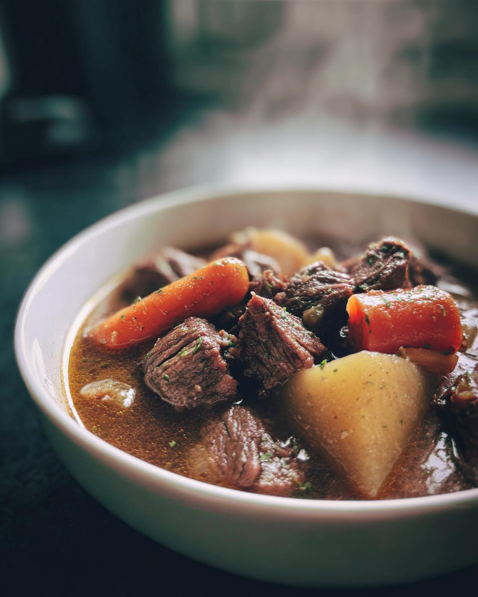 Plato hondo con guiso casero de carne, zanahorias y papas en caldo caliente