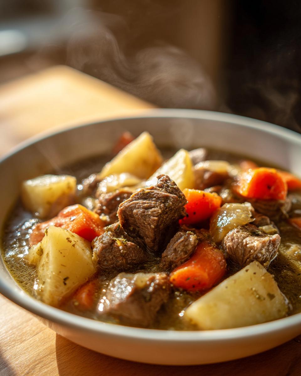 Plato hondo con guiso casero de carne, zanahorias y papas humeante