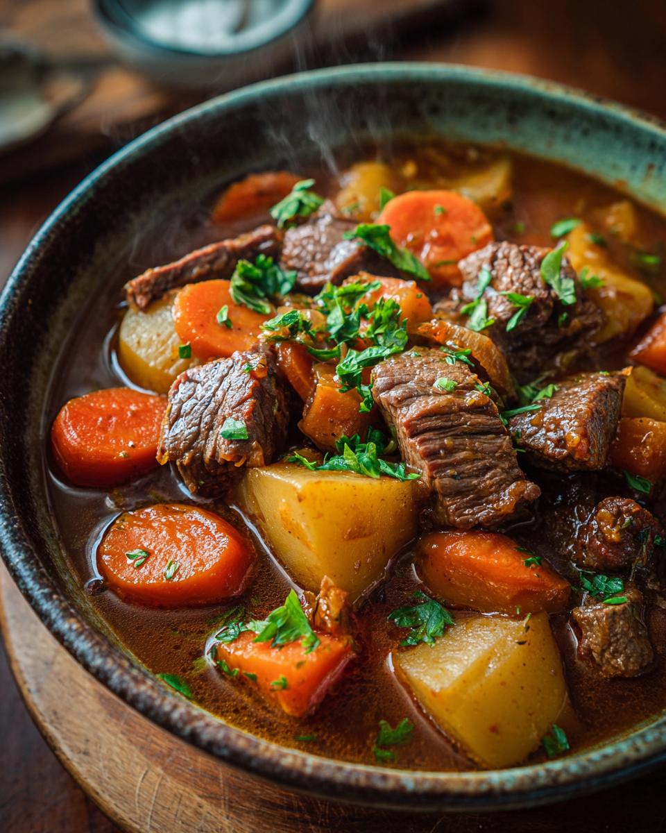 Guiso casero como los de la abuela con carne, zanahorias, papas y perejil en un plato hondo