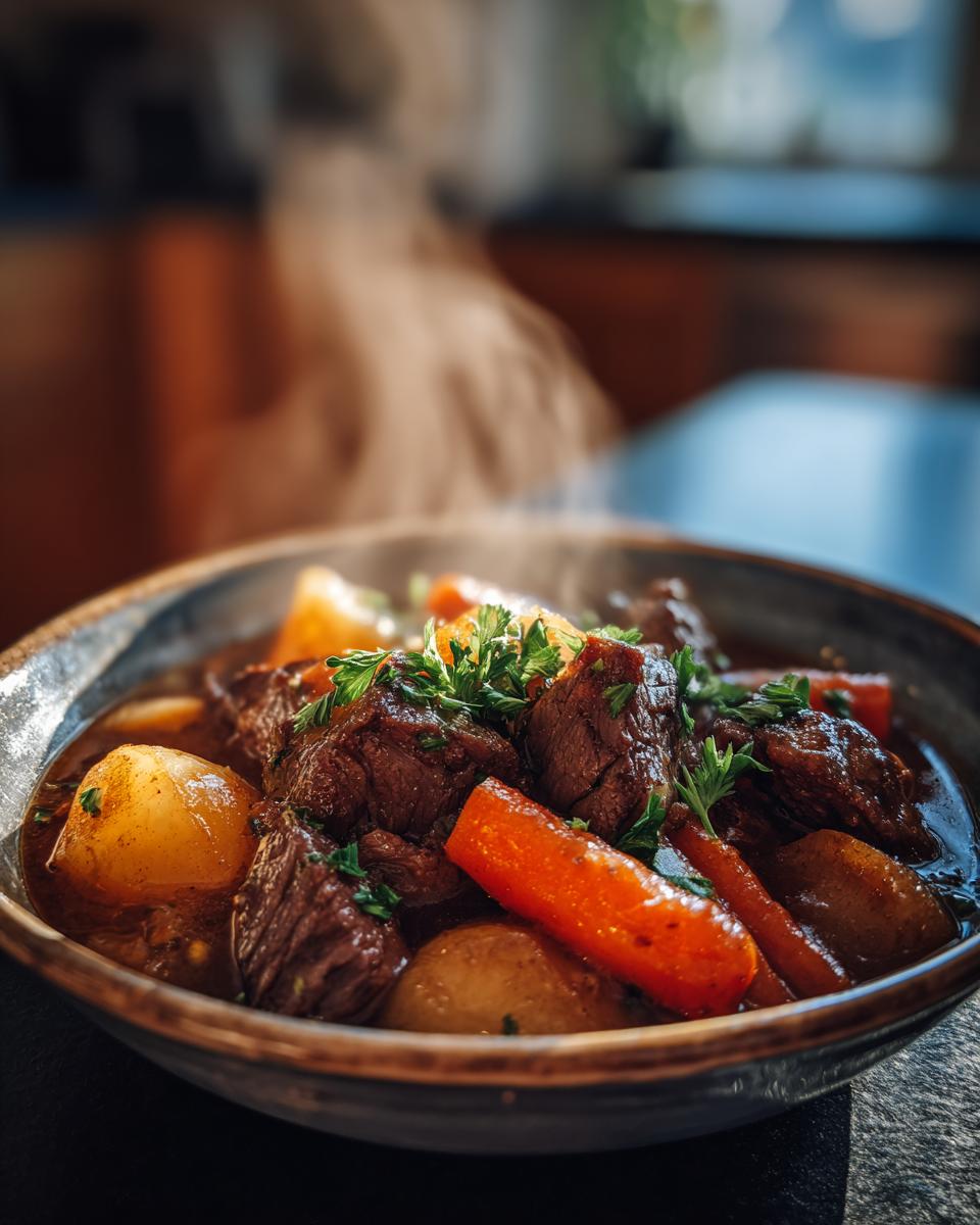 Tazón hondo con guisos caseros como los de la abuela, carne, zanahorias y papas humeantes