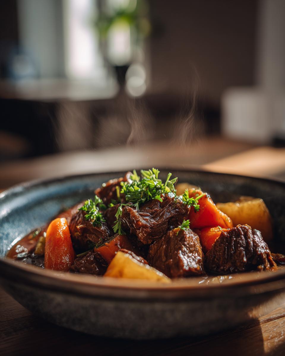 Plato hondo con guiso casero como los de la abuela, carne, zanahorias y papas, con vapor saliendo