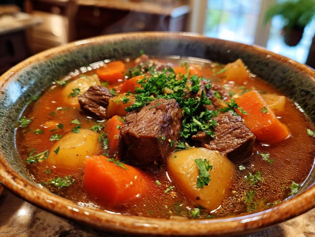 Plato hondo con guiso casero como los de la abuela con carne, zanahorias, papas y perejil