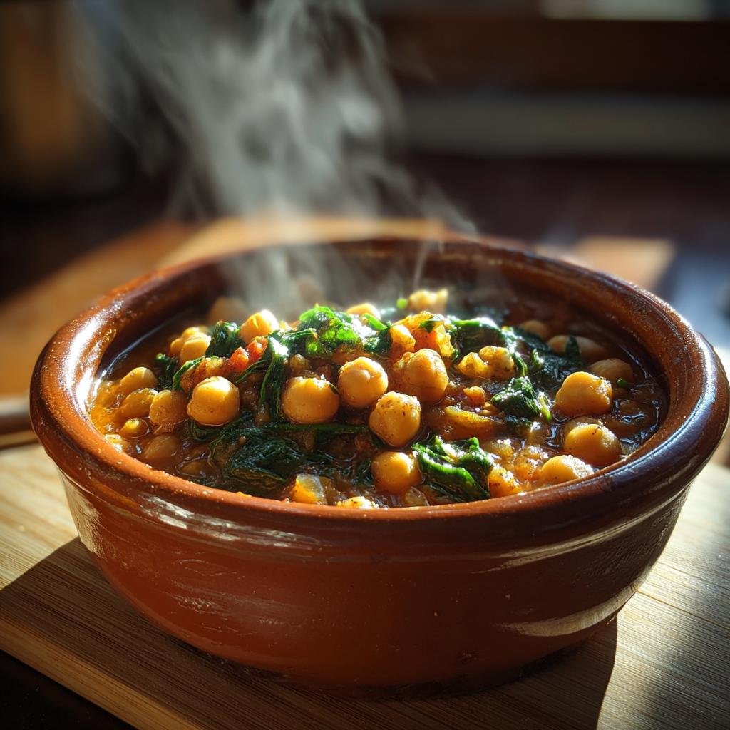 Guiso humeante de garbanzos con espinacas en cazuela de barro, menú de Semana Santa económico