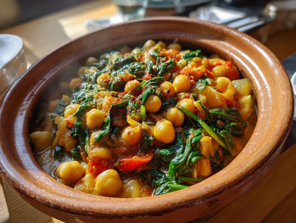 Plato hondo de barro con guiso de garbanzos, espinacas y verduras, ideal para menú de Semana Santa económico