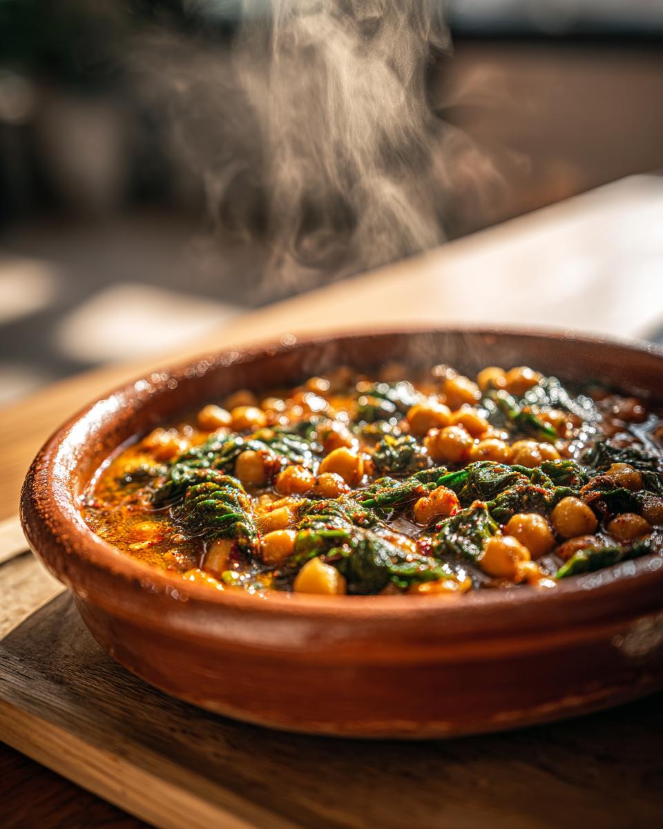 Plato hondo con guiso caliente de garbanzos y espinacas en cazuela de barro