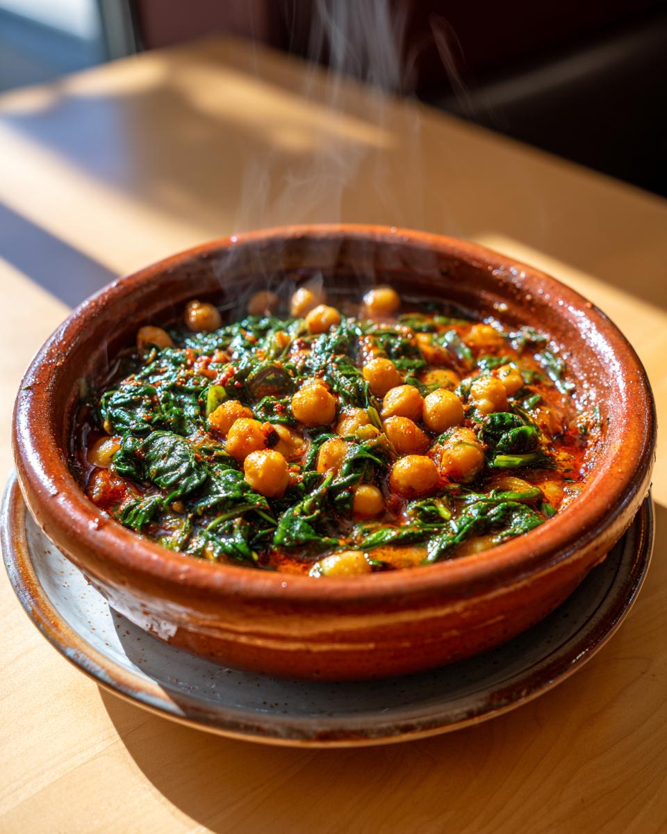 Plato hondo de barro con guiso de garbanzos y espinacas humeante, ideal para menú de Semana Santa económico
