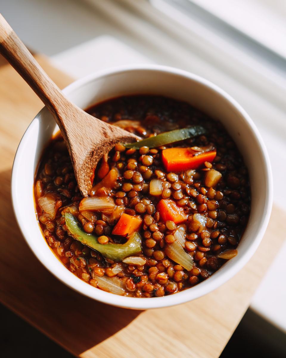 Tazón de guiso de legumbres tradicionales con lentejas, zanahorias, cebolla y pimiento