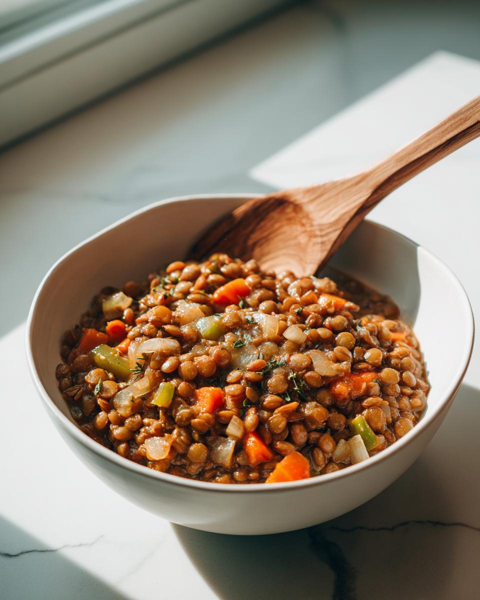 Bowl blanco con guiso de lentejas y verduras, cuchara de madera dentro del bowl