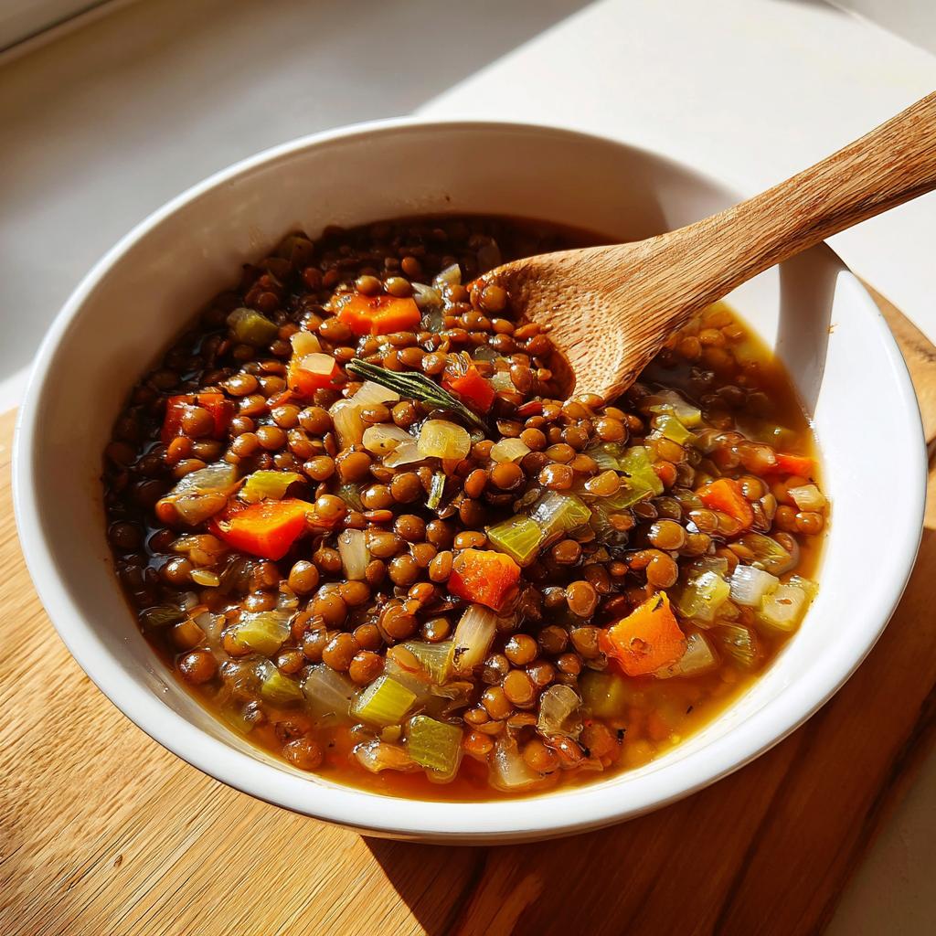 Tazón blanco con guiso de lentejas, zanahorias y apio, con cuchara de madera