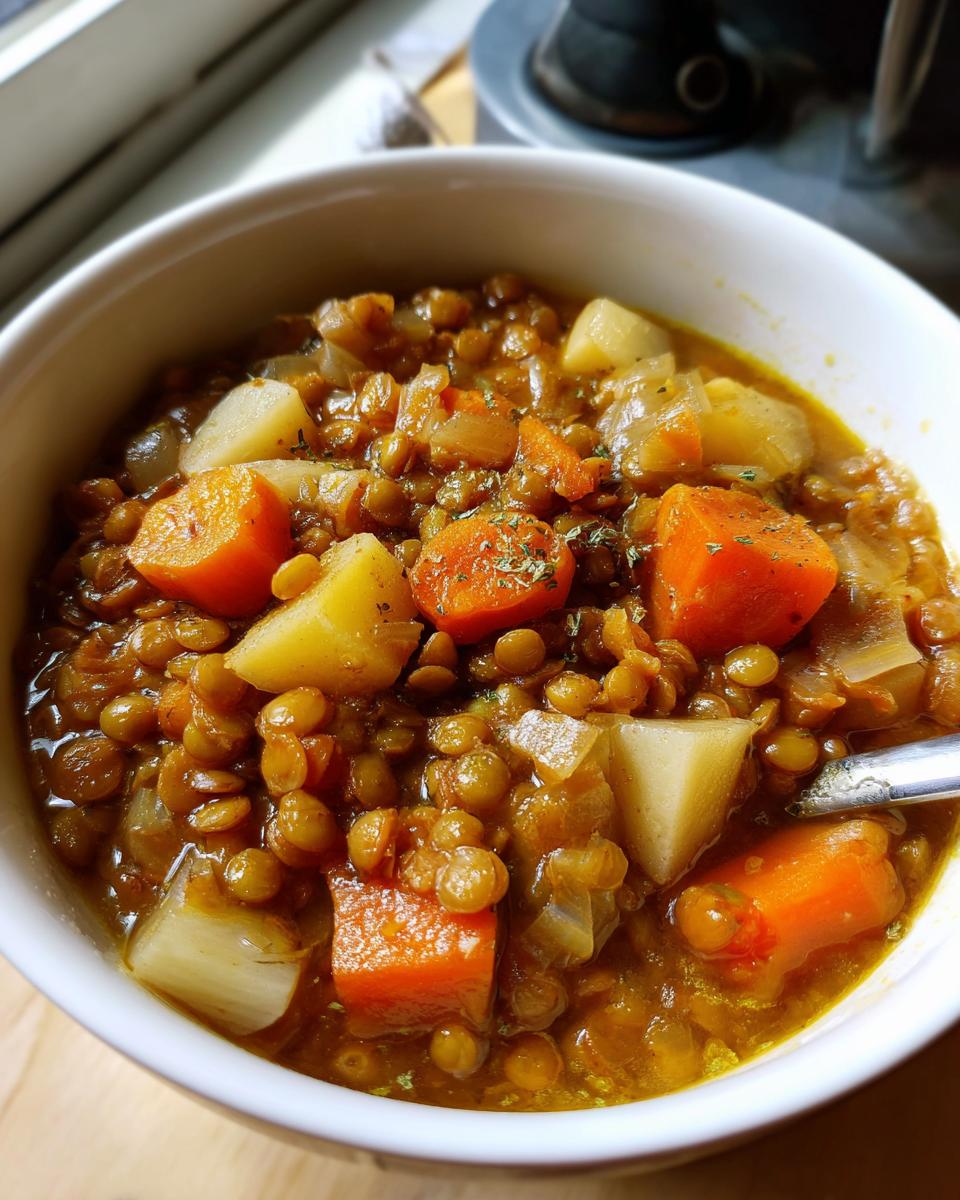 Tazón de guiso de lentejas con zanahorias, papas y especias, receta de Cuaresma sin carne