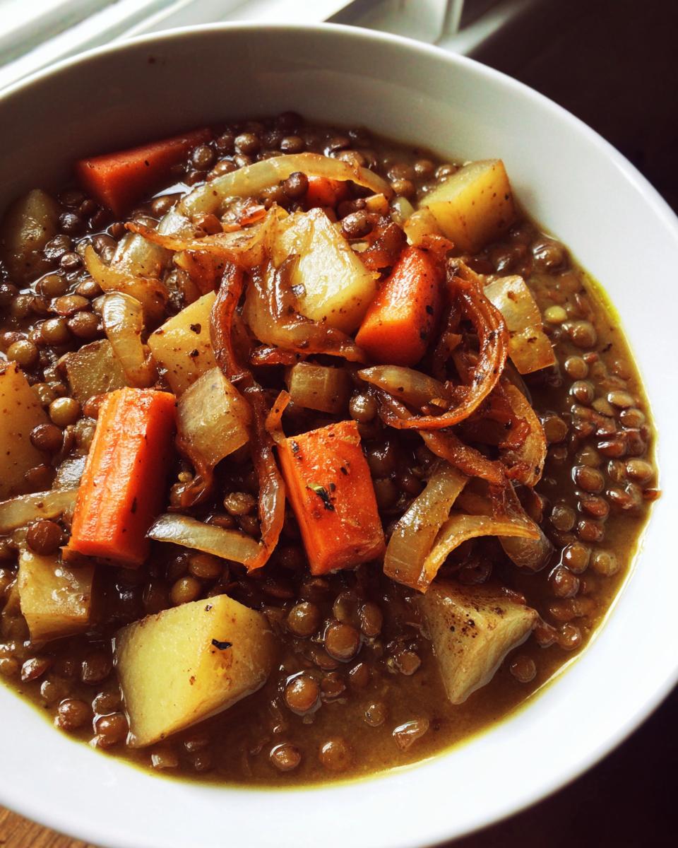 Tazón de guiso de lentejas con zanahorias, cebolla y papa, ideal para recetas de Cuaresma sin carne